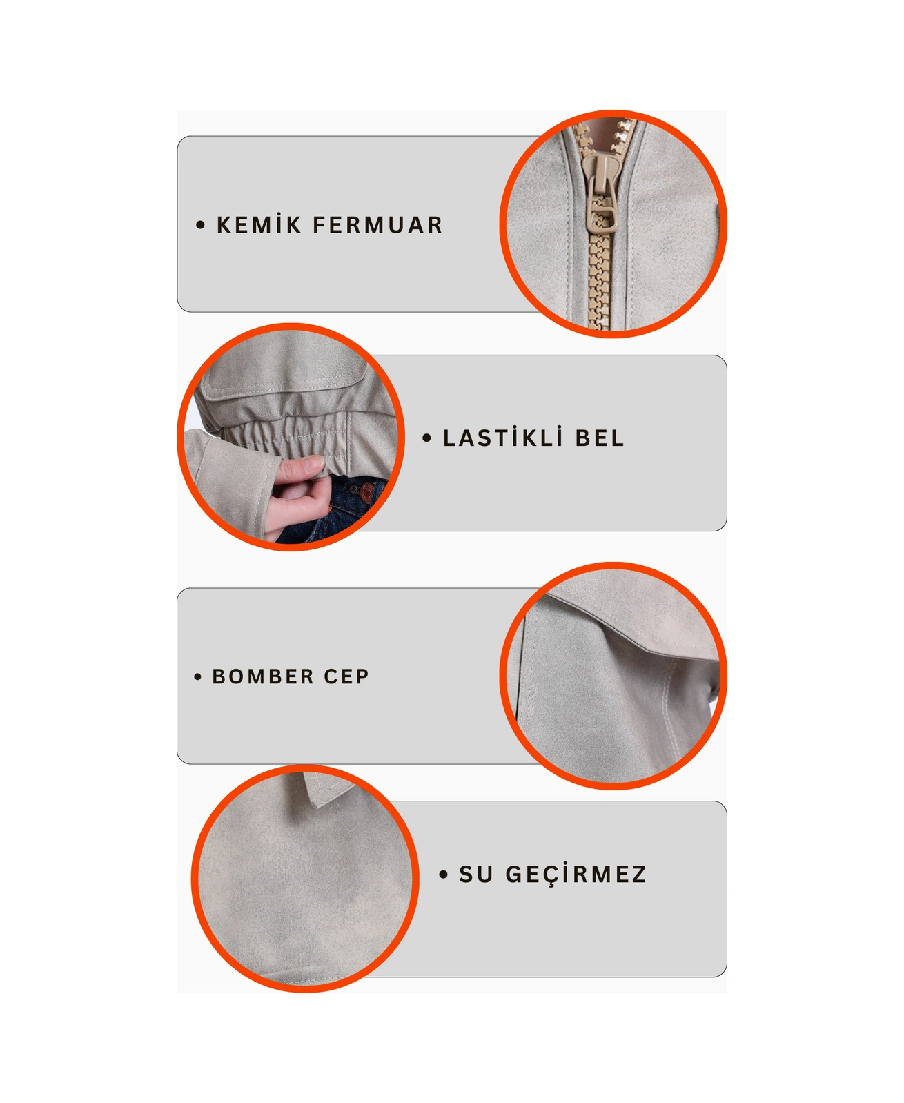 Kadın Deri Oversize Astarlı Kol Çıt Çıt Düğmeli Deri Mont Fermuar Kapamalı Kolej Mont Bej Bej