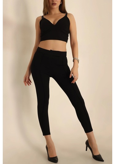 Vioshine Kadın Beli Lastikli Scuba Cırtlı Tayt-siyah Siyah