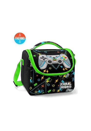 Coral High Kids Siyah Fosforlu Yeşil Gamer Desenli Thermo Beslenme Çantası 11887