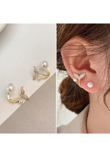 Zarif İnci Detaylı Zirkon Taşlı Altın Kaplama Balık Kuyruğu Tasarım Küpe Günlük, Spor Ve Özel Günler İçin Altın