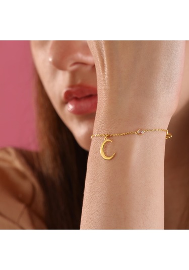 Queen Silver Jewelry 925 Ayar Gümüş Hilal Obje Zirkon Taş Sallantılı Bileklikdfc Altın