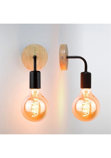 Ahşap Duvar Lambası Vintage Aplik Duvar Aydınlatma Armatürü E27 Retro Lamba Diğer