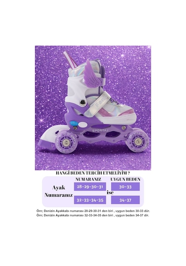 Melek Kanatlı Işıklı Çocuk Pateni Silikon Teker Ayarlanabilir Paten Taşıma Çantalı Lila Lila Mor