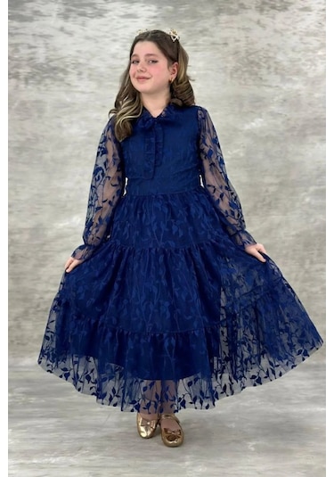 Dantel Yapraklı Kız Çocuk Uzun Abiye Elbise 11 - 14 Yaş 001