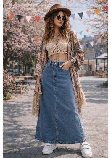 Dema Kadın Denim Pamuklu Mavi Çan Etek Açık Mavi