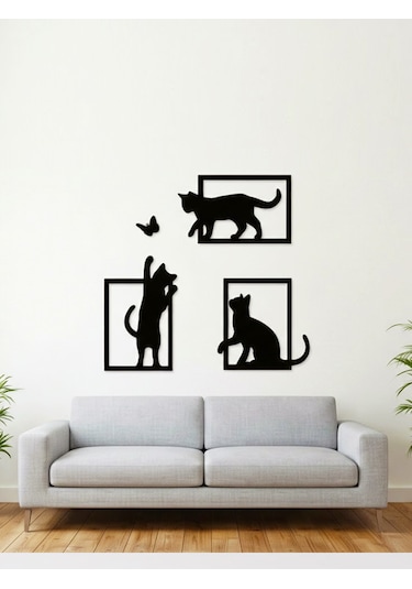 3 Parça Dekoratif Kedi Ve Kelebek Temalı Duvar Dekoru - Modern Tasarım