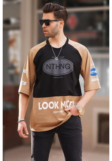 Madmext Siyah Bisiklet Yaka Renk Bloklu Baskılı Erkek Tişört 7027-siyah Siyah