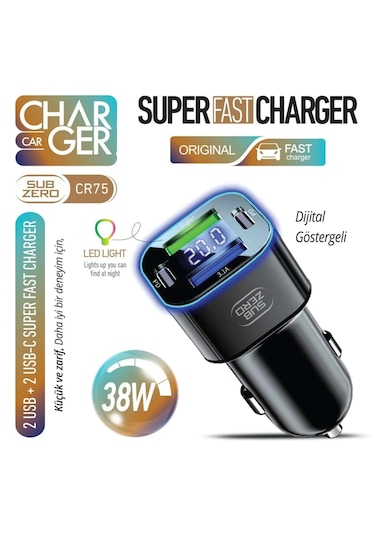 Subzero Cr75 38w 2usbx2pd Giriş Digital Göstergeli Süper Fast Rgb Araç Şarj Başlığı Siyah