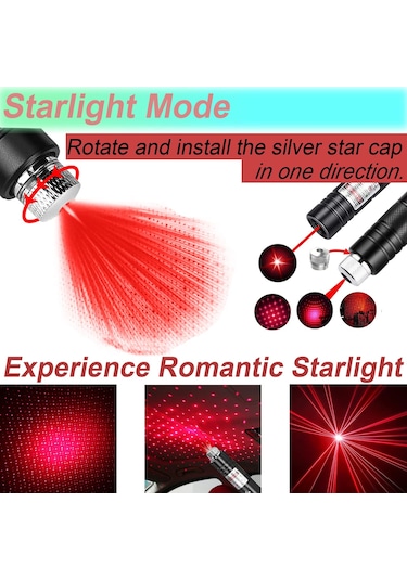 Yunboo Usb Doğrudan Şarjlı Dış Mekan Yıldız Desenli Yüksek Güçlü Uzun Menzilli Lazer Feneri - Kırmızı Işık Siyah