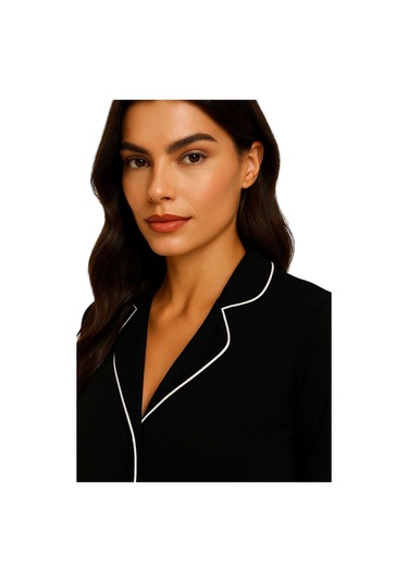 Siyah-beyaz Pamuklu Düğmeli Biyeli Kadın Pijama Takımı Siyah