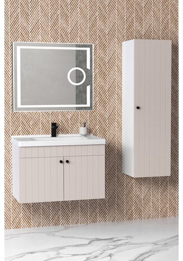 Avien 80 Cm Banyo Dolabı Kiev Led Aynalı Krem - Boy Dolap Dahil Krem