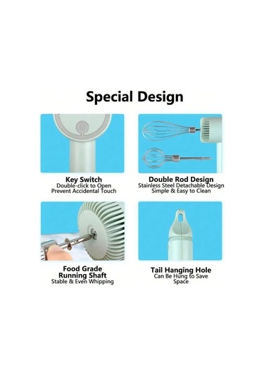 Jialan Usb Şarj Edilebilir Mını Ev Akülü Elektrikli El Mikseri, Yeşil