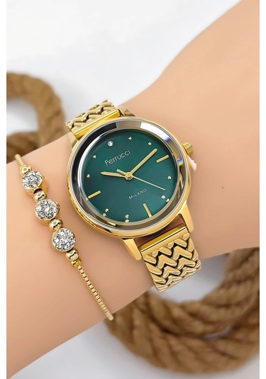 Ferrucci Çelik Kordon & Şık Tasarım, Kadın Kol Saati, 3atm Suya Dayanıklı Gold-yeşil Sdfer154 Çok Renkli