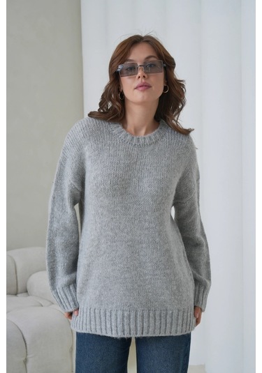 Kadın Bisiklet Yaka Yumuşak Dokulu Oversize Triko Kazak 3032 Gri