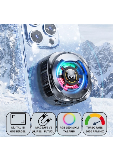 Polham Magsafe Uyumlu Telefon Soğutucu Dijital Isı Göstergeli, Rgb Led Işıklı, Turbo Fanlı 6000 Rpm, Klipsli Tutucu