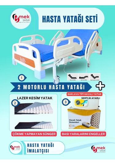 Emek Sağlık 2 Motorlu Hasta Karyolası + Lazer Kesim Yatak + Baklava Tipi Havalı Yatak