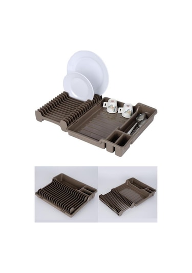 Flosoft Katlanır Bulaşıklık, Kaşıklık Bölmeli Tabaklık Kurutmalık Kahverengi