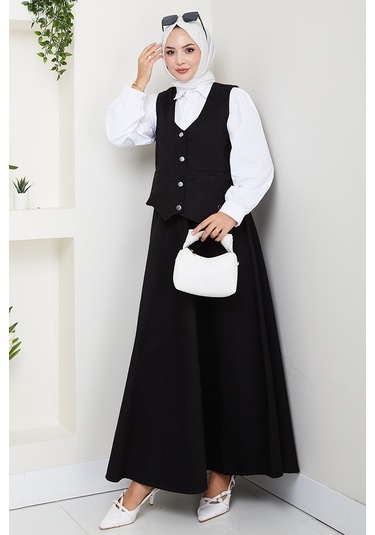 İkili Gabardin Yelek Etek Takım 1400 - Siyah Siyah