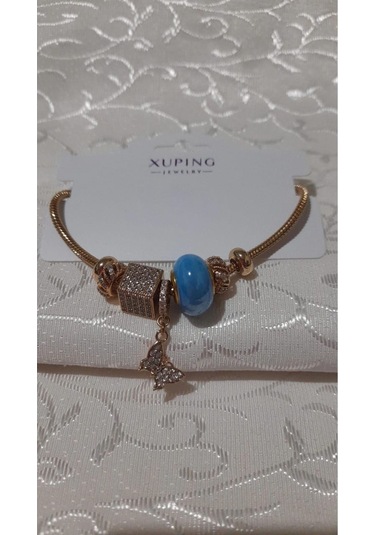 Uzel Xuping Gold Altın Renk Küp Taşlı, Mavi Boncuklu, Taşlı Kelebek Charmlı Çelik Bileklik Mavi