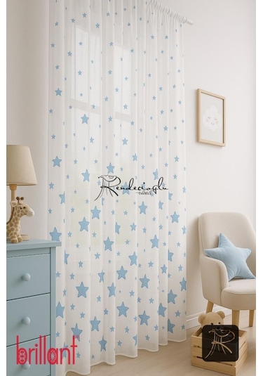 Brillant Marka Yıldız Desenli Tül Perde Örme Kumaş, Çocuk Odası İçin Özel Tasarım Mavi Mavi
