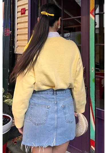 Sarı Bisiklet Yaka Oversize Triko Kazak Mg1972 Sarı