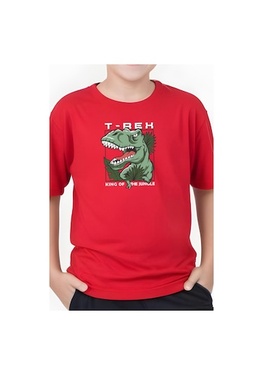 T-rex Baskılı Erkek Çocuk Kısa Kollu Tişört Kırmızı