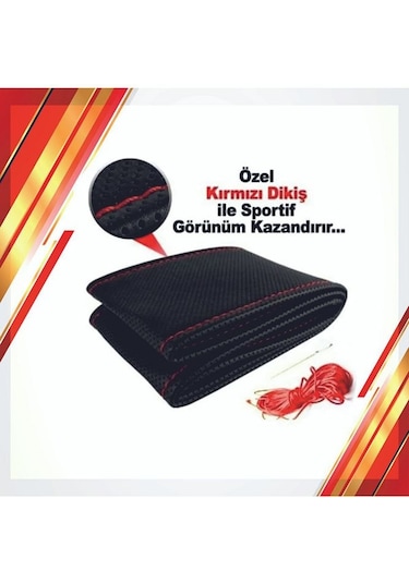Sportif Dikmeli Delikli Deri Direksiyon Kılıfı Noktalı Dikişli + Kırmızı