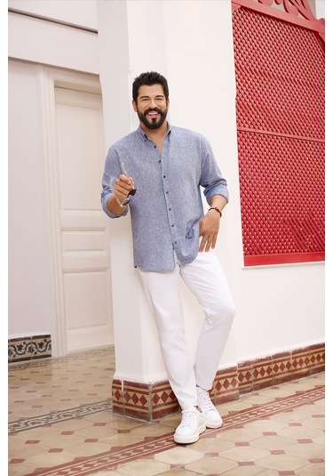 Erkek Lacı Comfort Fit Rahat Kesim Düğmeli Yaka Keten Gömlek Lacı Lacivert