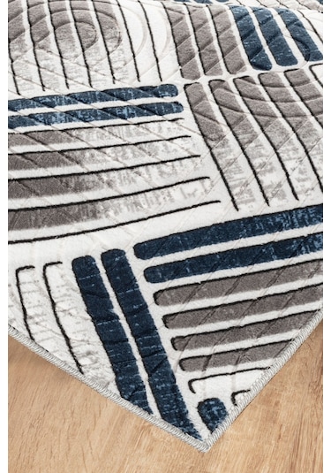 Modern Desenli Kaymaz Taban Elit Şık Dört Mevsim Yıkanabilir Halı Yolluk Mavi