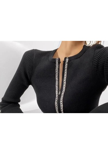 Kadın Kaşkorse Kumaş Zincirli Çift Fermuarlı Fırsat Ürün Bluz Siyah