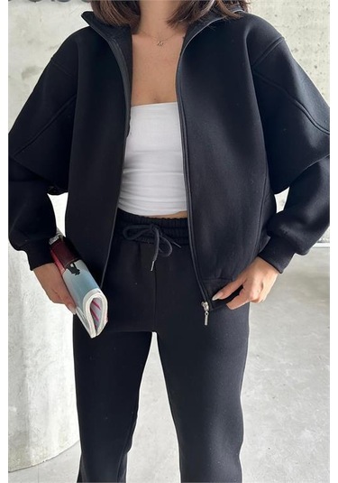 Dip Moda Kadın Fermuarlı Alt Üst Eşofman Takımı Dpnbg028 Siyah