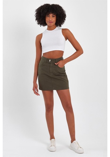 Kadın Çift Düğmeli Mini Kot Etek Haki-haki Haki