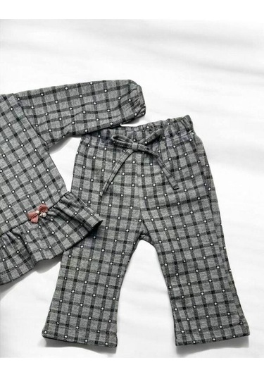 Kız Bebek Kareli Bebek Yaka Örme Pantolonlu Takım-14882 Gri