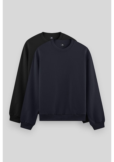 Standart Fit Basic O Yaka 2li Paket Siyah-lacivert Erkek Sweatshirt - 88053 Siyah - Lacivert