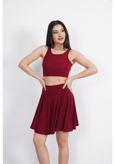 Sendy Kumaş Bisiklet Yaka Crop Şortlu Etek İkili Takım - Bordo Bordo