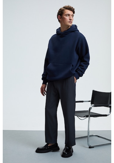 AMOS Erkek Yumuşak Kumaşlı 3 İplik Oversize Kapüşonlu Kanguru Cepli Lacivert Sweatshirt