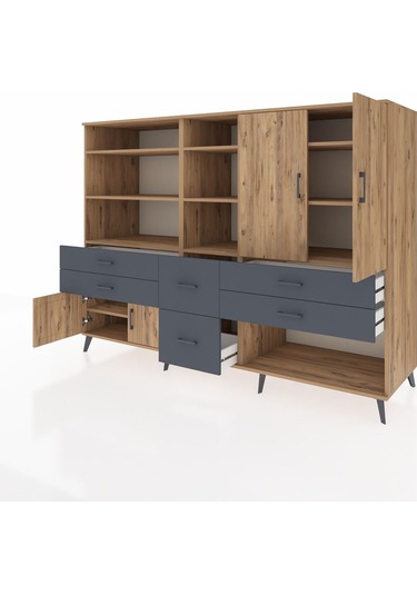 Kronos Dolap 10 Raflı 6 Çekmeceli 4 Kapaklı 220x59x163 Çam-çam/an Çam-çam/antrasit