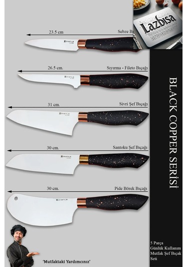 Black Copper Serisi Mutfak Bıçak Et Sebze 5 Li Şef Bıçağı Mft-568 Siyah
