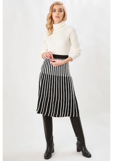 Peraluna Midi Boy Çizgili Çan Etek Siyah_Ekru Siyah