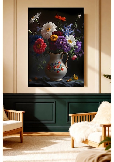 Mushen Studio Renkli Çiçek Vazosu Sanat Baskısı Kanvas Tablo