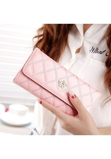 Trendooze Linjinxu Kadınlar İçin Pembe Pu Deri 3-katlanır Argyles Metal Taç Cüzdan Bozuk Para Kesesi Uzun Tasarım Diğer