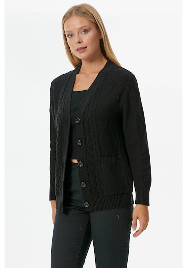 Düğmeli Saç Örgülü Triko Hırka  - Siyah