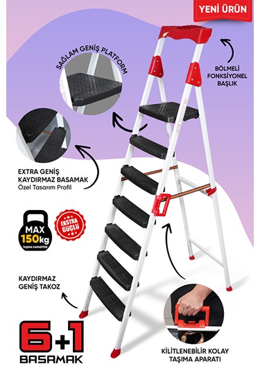 Elegance 6+1 Geniş Basamaklı Kolay Taşıma Aparatlı Merdiven Kaliteli Paslanmaz 6+1 Basamaklı