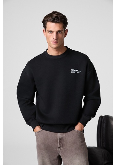 Ernest Erkek Organik Pamuklu Yumuşacık Baskı Detaylı Bisiklet Yaka İçi Polarlı Siyah Sweatshirt