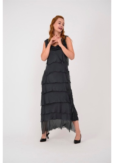 Italyan 2 Beden İnce Gösteren Kat Kat Kolsuz Ipek Elbise Antrasit