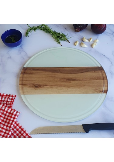 Kanallı Cam Kesme Tablası | Şerit Ahşap Görünüm | Çap32cm