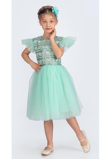Tüllü Kız Çocuk Kpl Elbise Mnk0526 Mint Yeşili