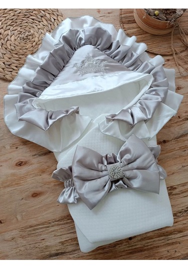 Yenidoğan Mehtap Lüks Kelebek Taç Nakışlı Bebek Battaniyesi Kundak Gri Gri