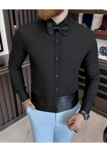 İtalyan Kesim Slim Fit Damatlık Ata Yaka Erkek Gömlek Siyah T7526-siyah Siyah
