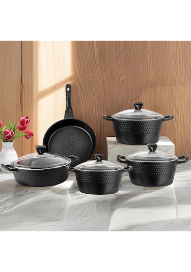 Lines 4301 9 Parça Titanyum Döküm Tencere Seti Siyah